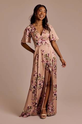 Picture of Floral Charmeuse Flutter-Sleeve A-Line Dress